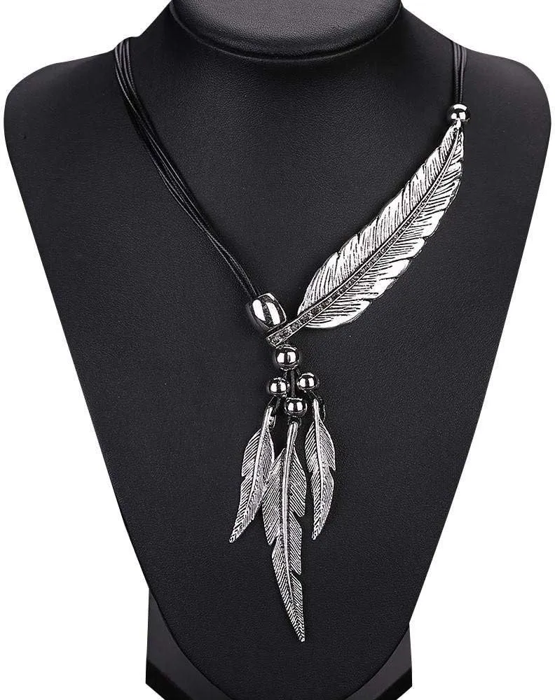 Women Fashion Antique Vintage Time Necklace Sweater Chain Pendant Feather Pendant Necklace Silver