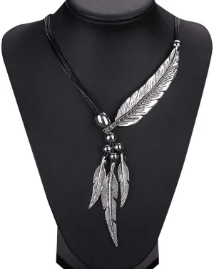 Women Fashion Antique Vintage Time Necklace Sweater Chain Pendant Feather Pendant Necklace Silver