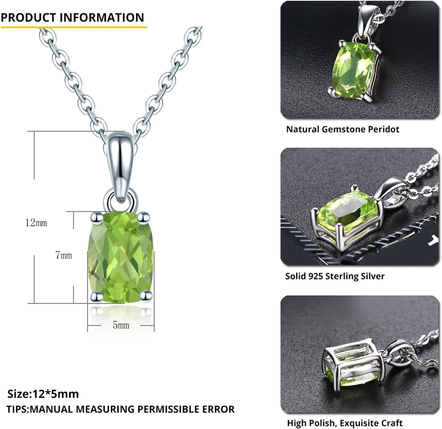 Women Pendant Necklace Sterling Silver Solid 925 Setting Cushion Cut 7x5mm Natural Gemstone Birthstone Pendants Rhodium Plated Classic Fine Jewelry for Her