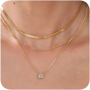 Women's 14k gold-plated multi-layer necklace, fashion charm set necklace Classic herringbone/bead/snake chain can be layered or worn separately as a gift for women