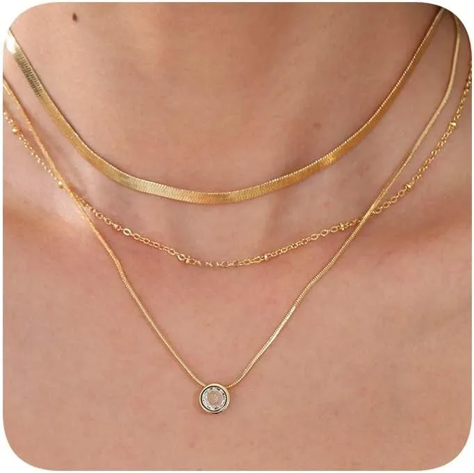 Women's 14k gold-plated multi-layer necklace, fashion charm set necklace Classic herringbone/bead/snake chain can be layered or worn separately as a gift for women
