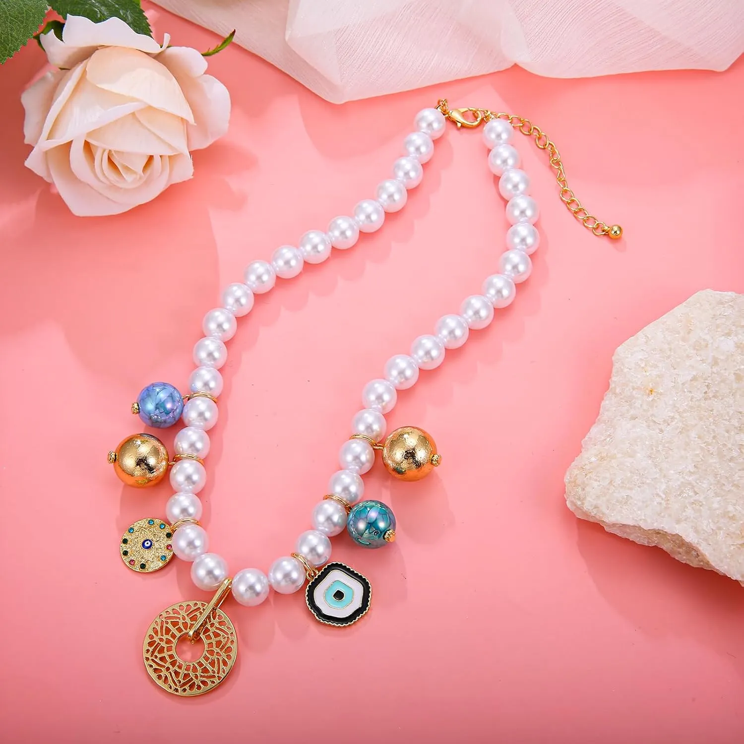 Women's Faux Pearl Necklace with Cherry, Heart, Evil Eye and Cameo Charms - Chunky and Colorful Design