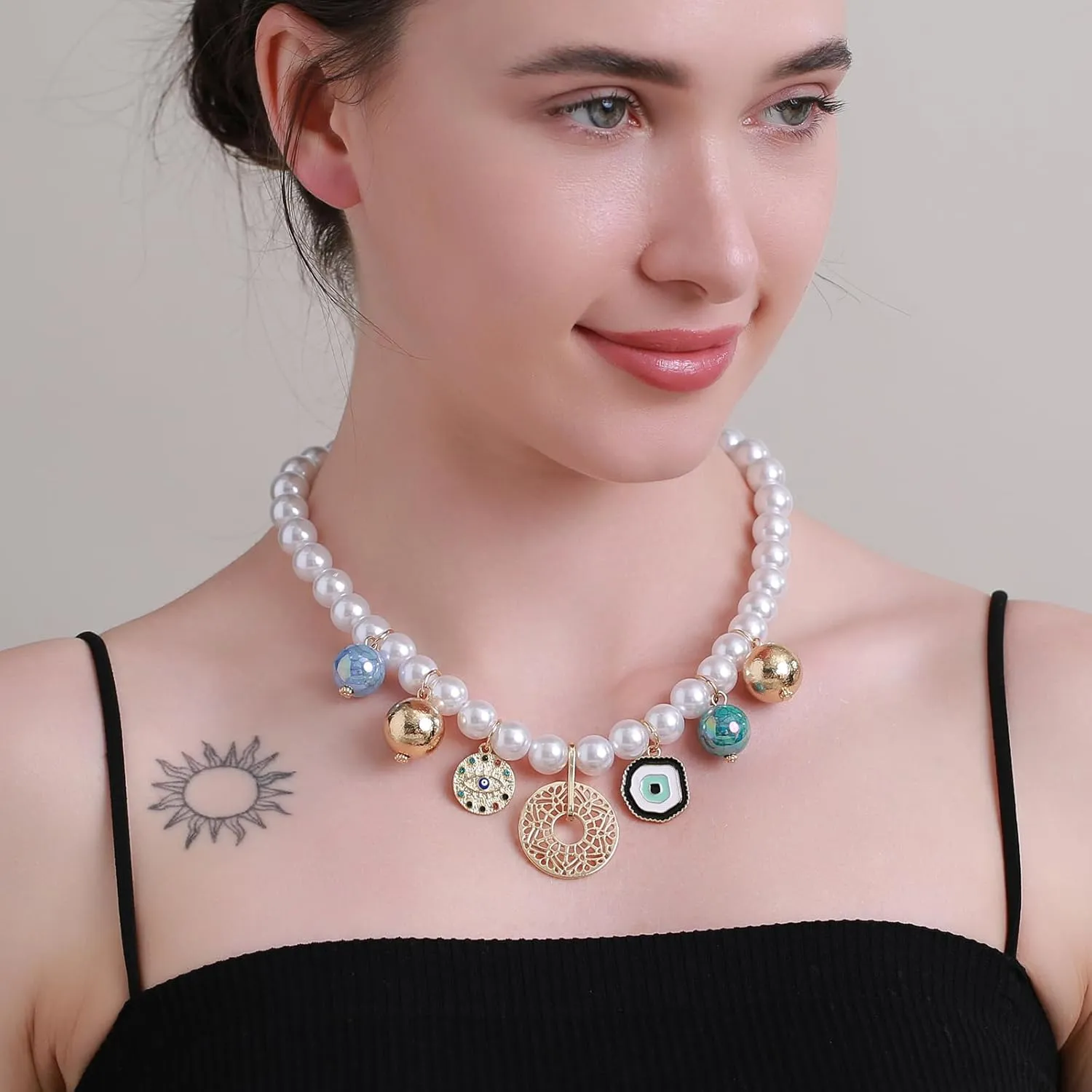Women's Faux Pearl Necklace with Cherry, Heart, Evil Eye and Cameo Charms - Chunky and Colorful Design
