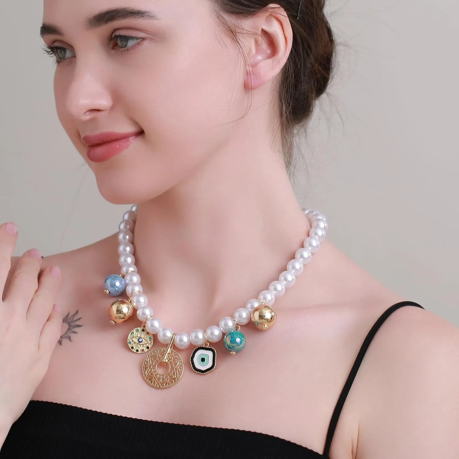 Women's Faux Pearl Necklace with Cherry, Heart, Evil Eye and Cameo Charms - Chunky and Colorful Design