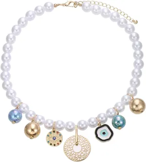 Women's Faux Pearl Necklace with Cherry, Heart, Evil Eye and Cameo Charms - Chunky and Colorful Design