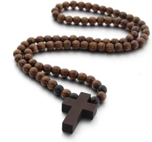 Wood Beads Cross Pendant Necklace Natural Religious Rosary Jewelry for Women Men Prayer Accessories
