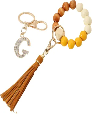 Wood Key Ring Bracelet Portable Car Keychain Holder Wristlet Keychain Wood Women Beaded Bangle Chain