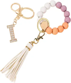Wood Key Ring Bracelet Portable Car Keychain Holder Wristlet Keychain Wood Women Bling Letter (I)