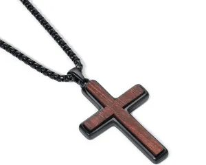 Wooden Cross Necklace for Men, Natural Sandalwood Inlaid with Black Stainless Steel Pendant, Mens Cross Necklaces Including 24 Inch Box Chain 