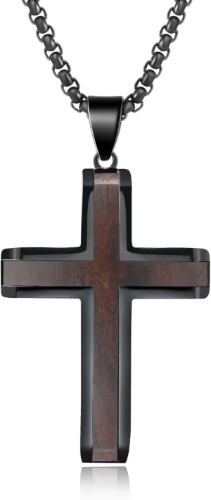 Wooden Cross Necklace for Men, Real Handmade Ebony Wood Cross Pendant Stainless Steel Chain, Black Mens Cross Necklaces Christian Baptism Crucifix Pendant for Men