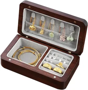 Wooden Jewelry Box with Velvet Trays, Travel Jewelry Storage Organizer Case for Necklaces Bracelets Earrings Rings Women Girls (Walnut)