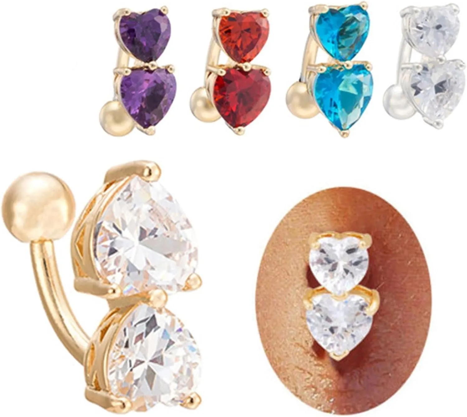 Wycian Navel Rings, Specific Heart Cubic Zirconia Gold Surgical Steel Two Heart 2.9G for Women Girls Body Piercing Jewelry