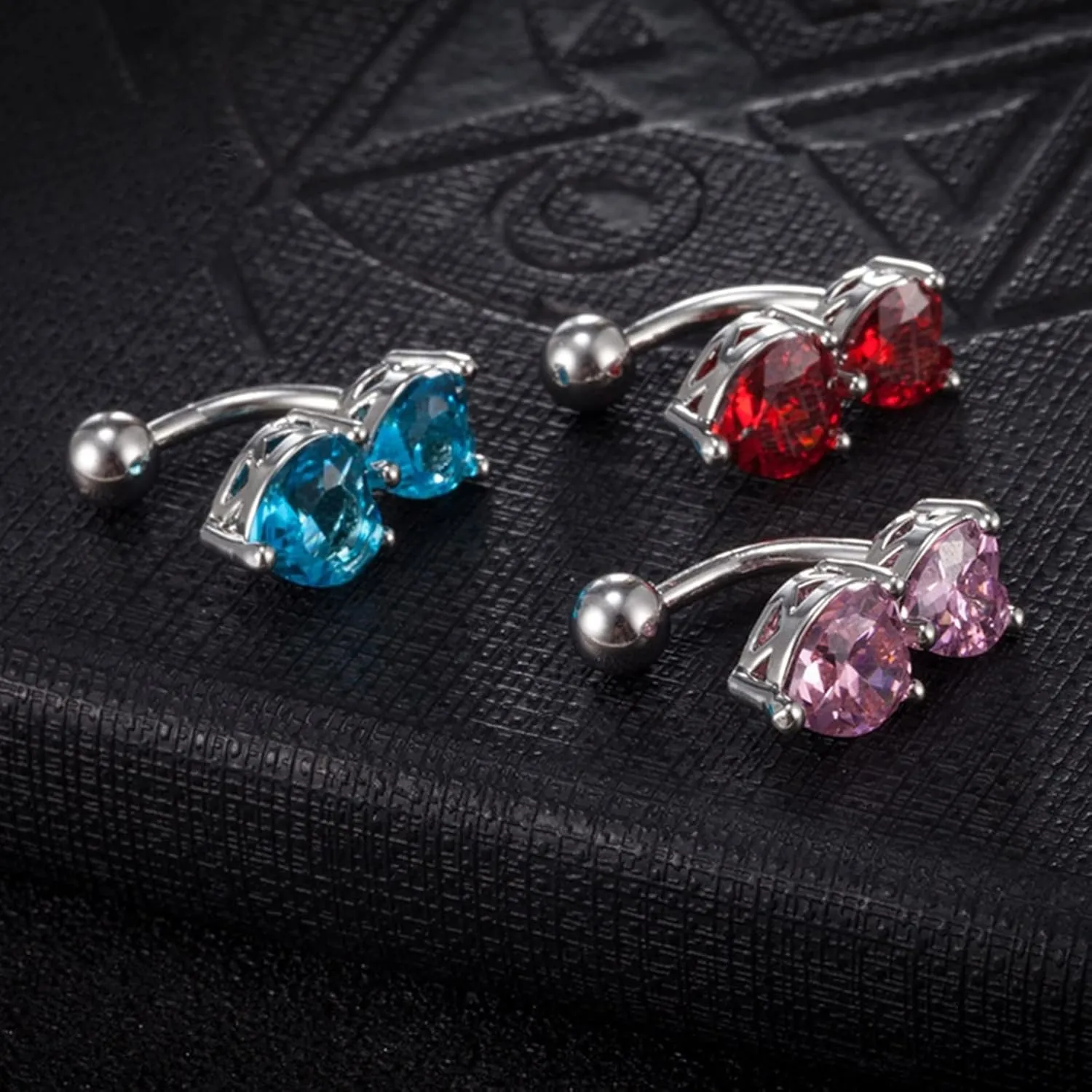 Wycian Navel Rings, Specific Heart Cubic Zirconia Gold Surgical Steel Two Heart 2.9G for Women Girls Body Piercing Jewelry
