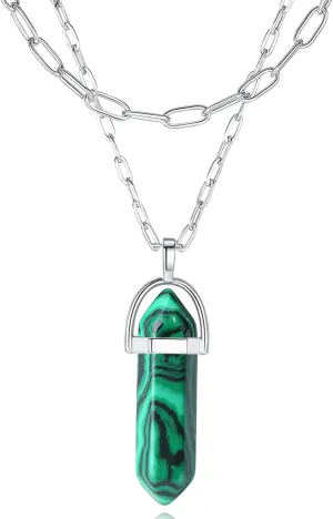 XIANNVXI Malachite Healing Crystal Stone Point Necklace Natural Reiki Quartz Gemstone Pendant Necklaces Layered Choker Witch Jewelry for Women