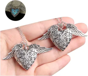 Ximimark 2 pcs Fashion Woman Jewelry Flying Heart Glow Locket with Rose Wings Magic Glow in the dark Jewelry Necklace