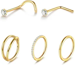 Xpircn 5pcs Hoop Nose Rings and L Shaped Nose Rings Stud Set 18G/20G Stainless Steel CZ Helix Conch Daith Tragus Cartilage Hoop Earrings for Women 6mm 7mm 8mm 10mm