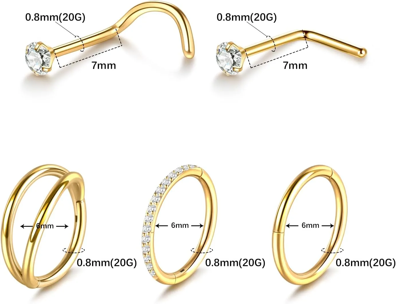 Xpircn 5pcs Hoop Nose Rings and L Shaped Nose Rings Stud Set 18G/20G Stainless Steel CZ Helix Conch Daith Tragus Cartilage Hoop Earrings for Women 6mm 7mm 8mm 10mm