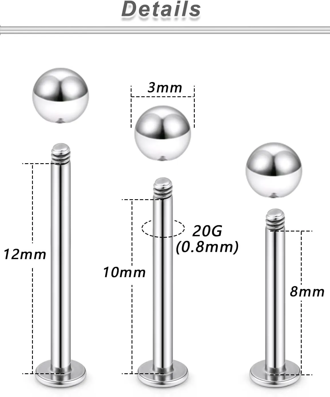 Yaalozei 20G 16G 14G 12G Lip Labret Medusa Monroe Rings Studs Surgical Steel Tragus Helix Cartilage Earring Stud Rings Piercing Jewelry Bar Length 8mm 10mm 12mm Mix Color 18PCS