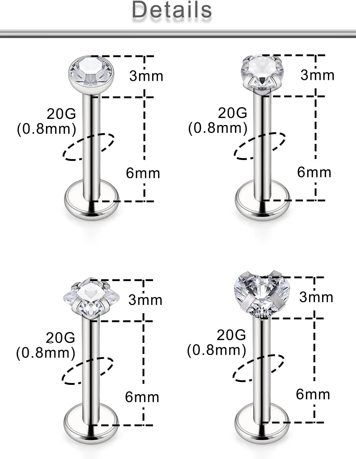 Yaalozei 20G 18G 16G Titanium Threadless Push in Nose Rings Studs G23 Hypoallergenic Lip Labret Medusa Rings Flat Back Tragus Helix Cartilage Earrings Stud Piercing Jewerly for Women Men 6mm Bars