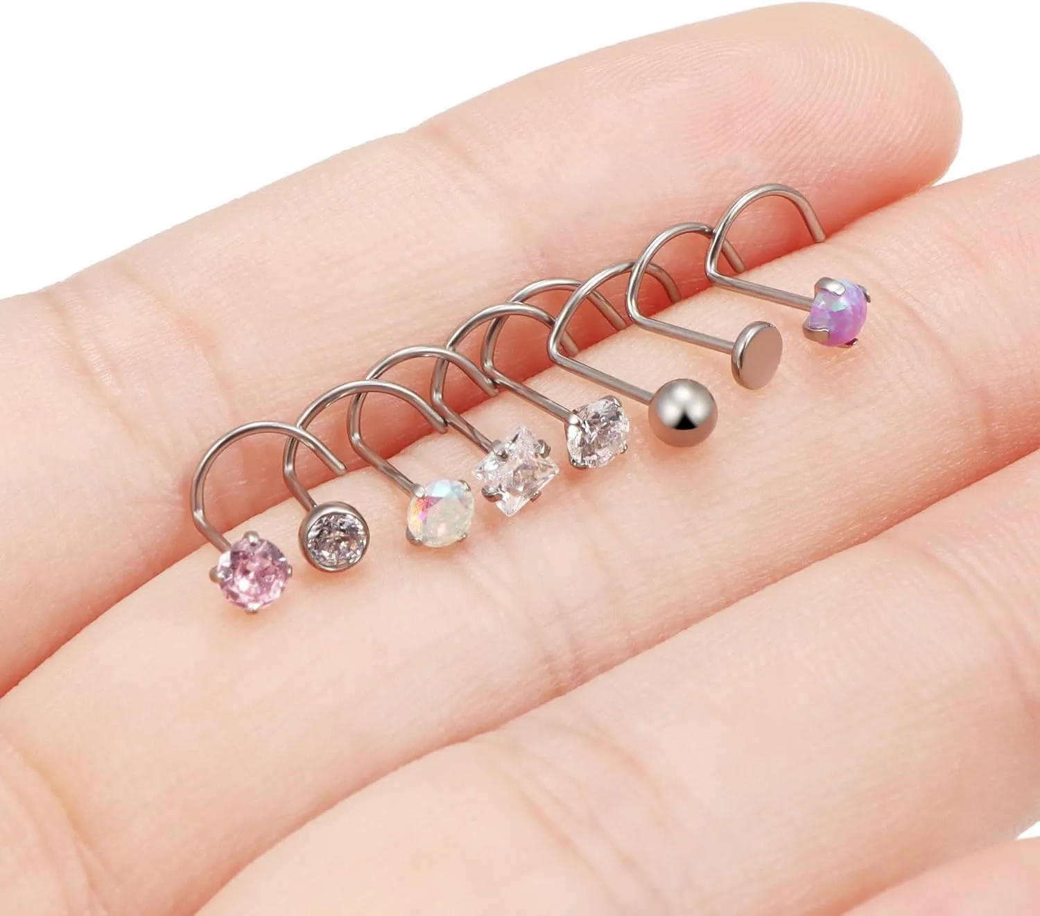 Yaalozei 22G 20G 18G G23 Titanium Nose Ring Studs Hypoallergenic Corkscrew Nose Studs Opal Diamond Nose Stud Silver Nostril Piercings Nose Piercing Jewerly for Women Men CZ 3mm