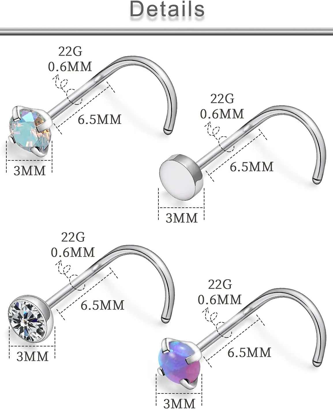 Yaalozei 22G 20G 18G G23 Titanium Nose Ring Studs Hypoallergenic Corkscrew Nose Studs Opal Diamond Nose Stud Silver Nostril Piercings Nose Piercing Jewerly for Women Men CZ 3mm