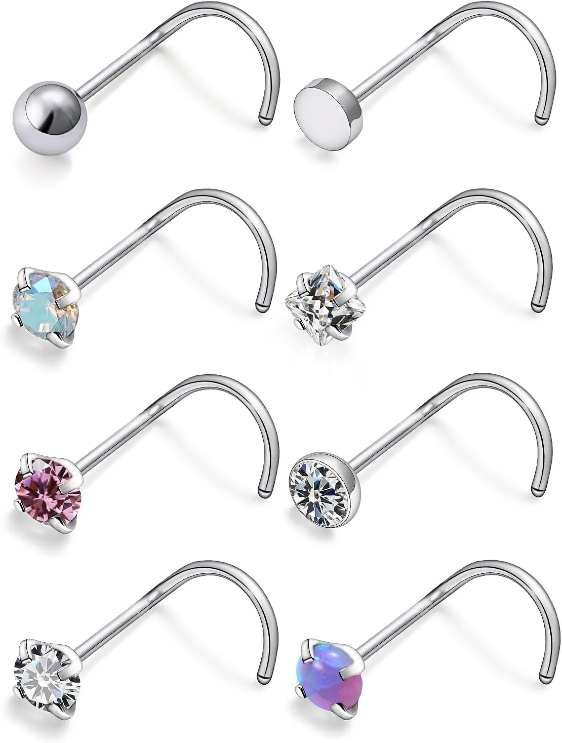 Yaalozei 22G 20G 18G G23 Titanium Nose Ring Studs Hypoallergenic Corkscrew Nose Studs Opal Diamond Nose Stud Silver Nostril Piercings Nose Piercing Jewerly for Women Men CZ 3mm