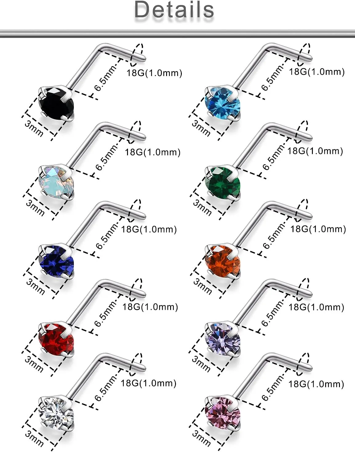 Yaalozei 22G 20G 18G G23 Titanium Nose Ring Studs Hypoallergenic L Shaped Nose Studs Multicolored Opal Nose Stud Silver Nostril Piercings Nose Piercing Jewerly for Women Men CZ 3mm