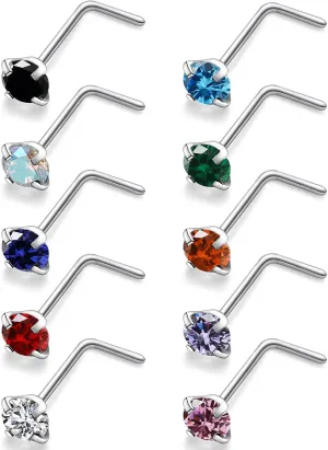 Yaalozei 22G 20G 18G G23 Titanium Nose Ring Studs Hypoallergenic L Shaped Nose Studs Multicolored Opal Nose Stud Silver Nostril Piercings Nose Piercing Jewerly for Women Men CZ 3mm