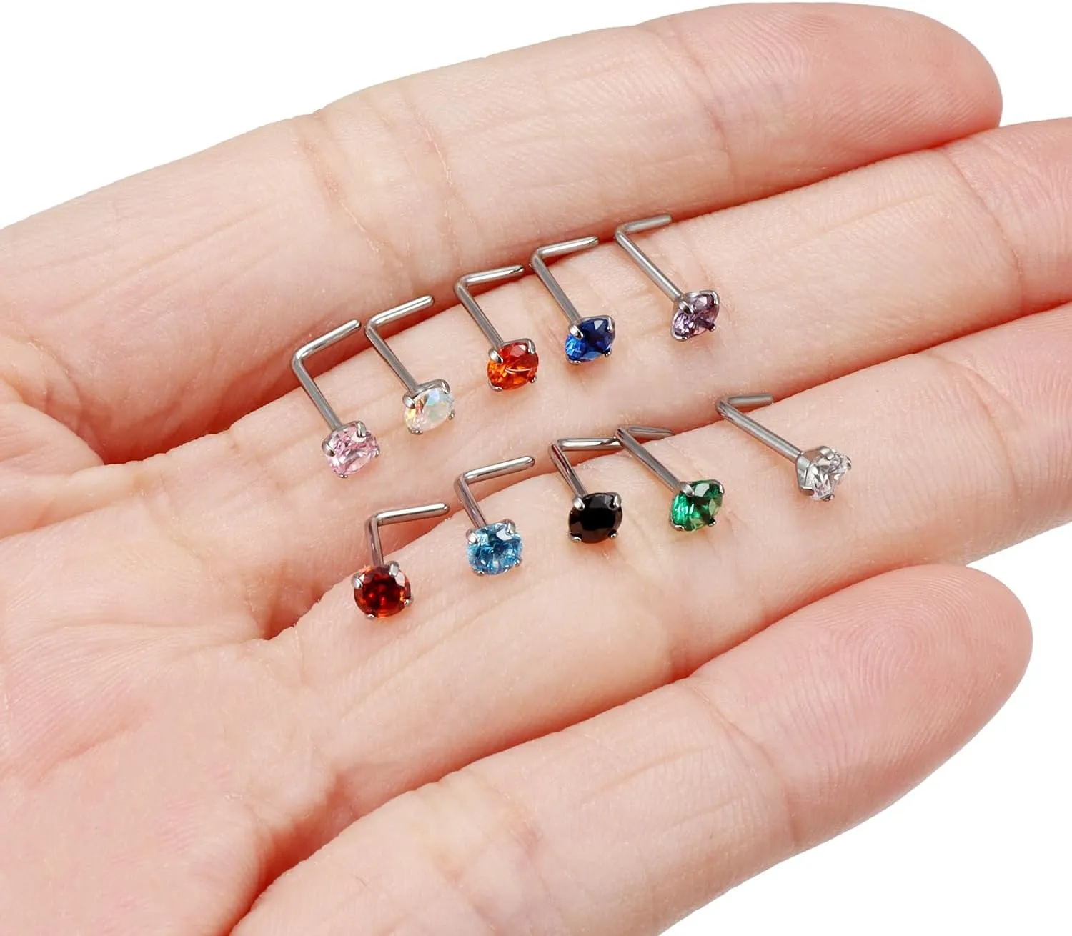 Yaalozei 22G 20G 18G G23 Titanium Nose Ring Studs Hypoallergenic L Shaped Nose Studs Multicolored Opal Nose Stud Silver Nostril Piercings Nose Piercing Jewerly for Women Men CZ 3mm