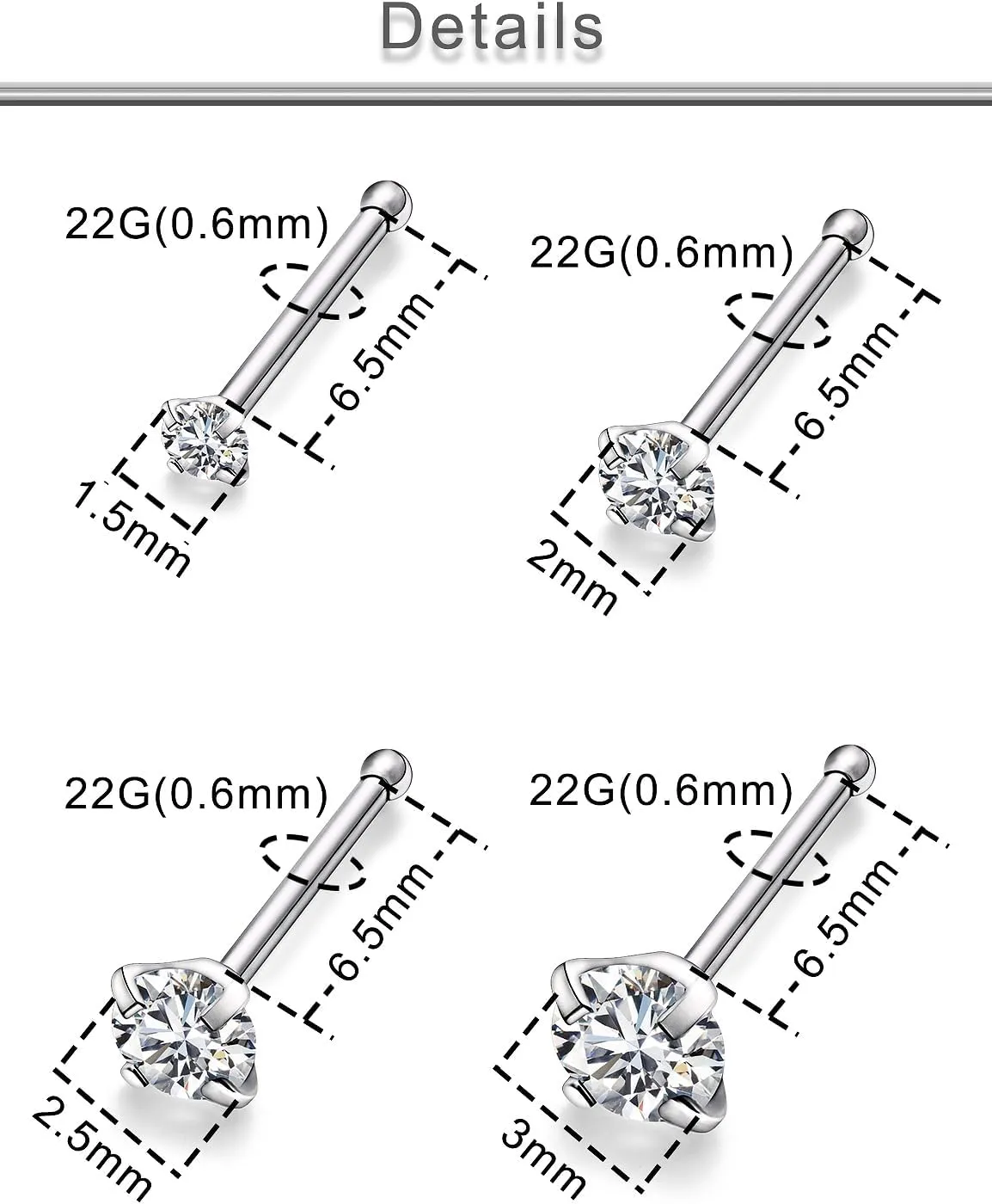 Yaalozei 22G 20G 18G G23 Titanium Nose Ring Studs Hypoallergenic Straight Nose Studs Multicolored Opal Nose Stud Silver Nostril Piercings Nose Piercing Jewerly for Women Men CZ 1.5mm 2mm 2.5mm 3mm