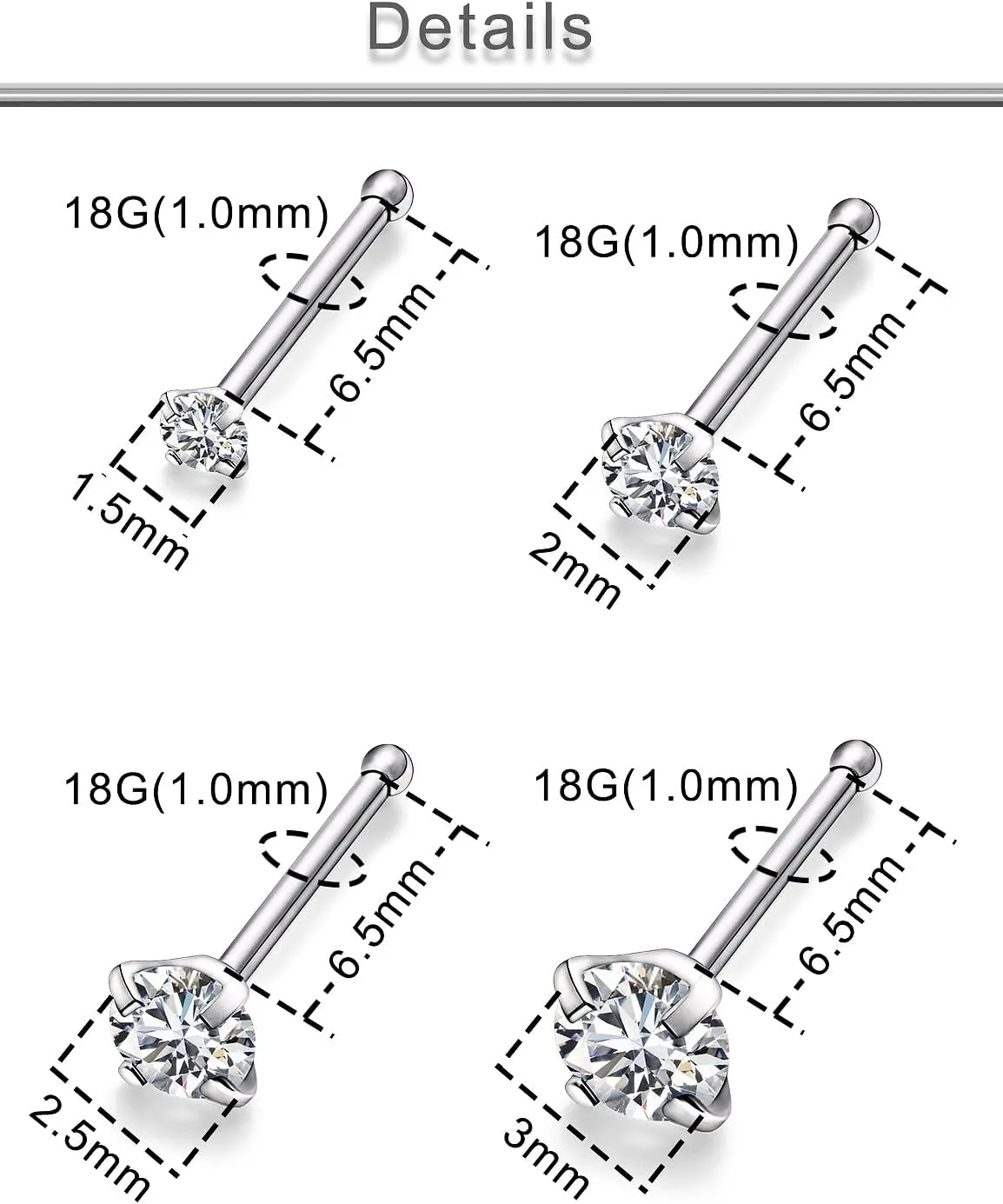 Yaalozei 22G 20G 18G G23 Titanium Nose Ring Studs Hypoallergenic Straight Nose Studs Multicolored Opal Nose Stud Silver Nostril Piercings Nose Piercing Jewerly for Women Men CZ 1.5mm 2mm 2.5mm 3mm