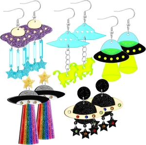 Yinkin 5 Pairs UFO Aliens Space Alien Acrylic Planet Earrings for Women Funky Weird Novelty Crazy Cute Fun Earrings Dangle for Halloween Jewelry