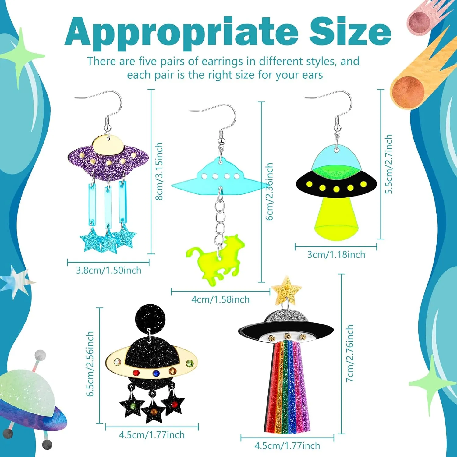 Yinkin 5 Pairs UFO Aliens Space Alien Acrylic Planet Earrings for Women Funky Weird Novelty Crazy Cute Fun Earrings Dangle for Halloween Jewelry
